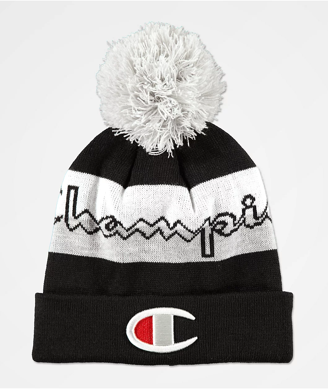 Black, Grey and White Champion Pom Beanie