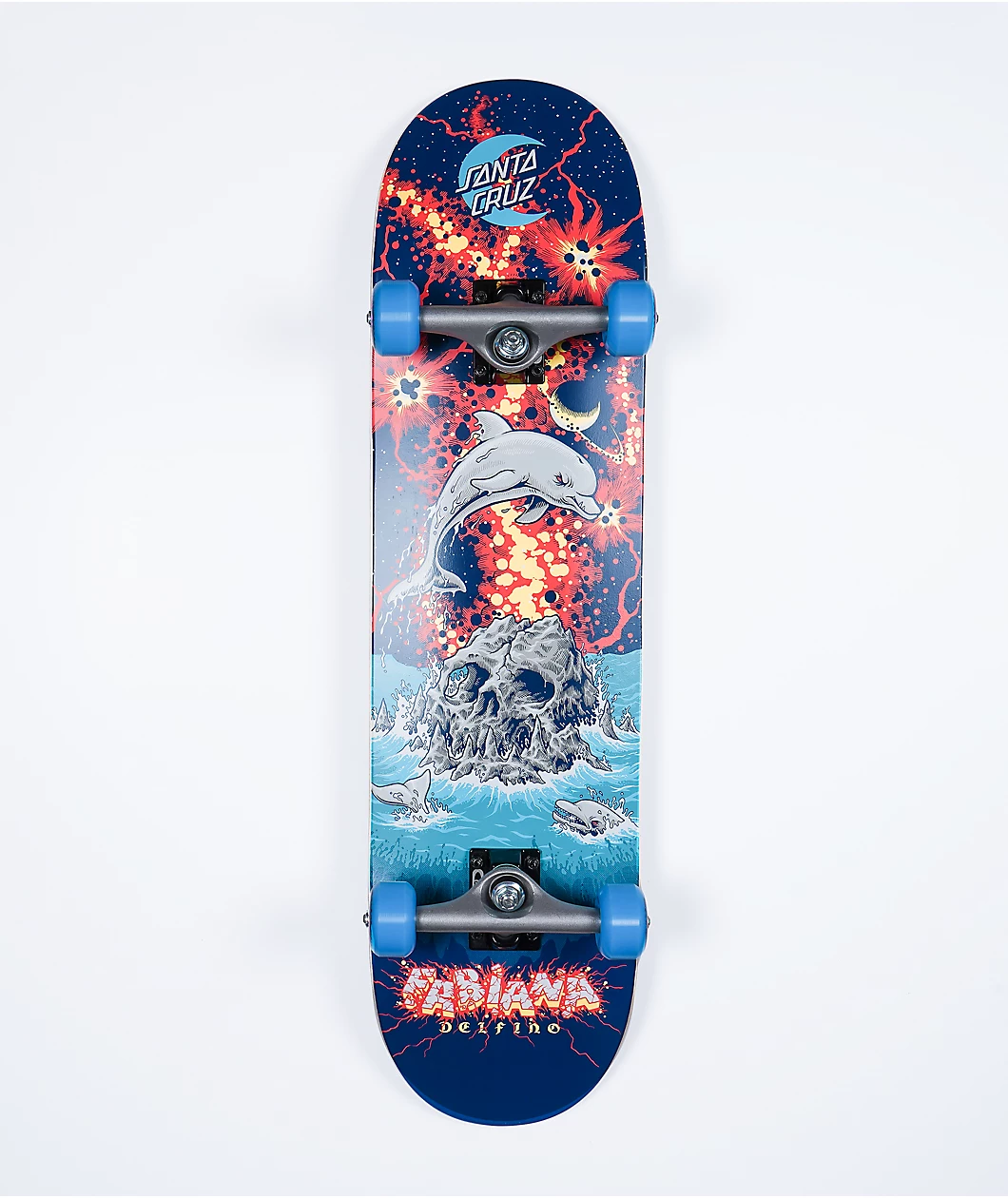 Skateboard with zombie island and an erupting volcano