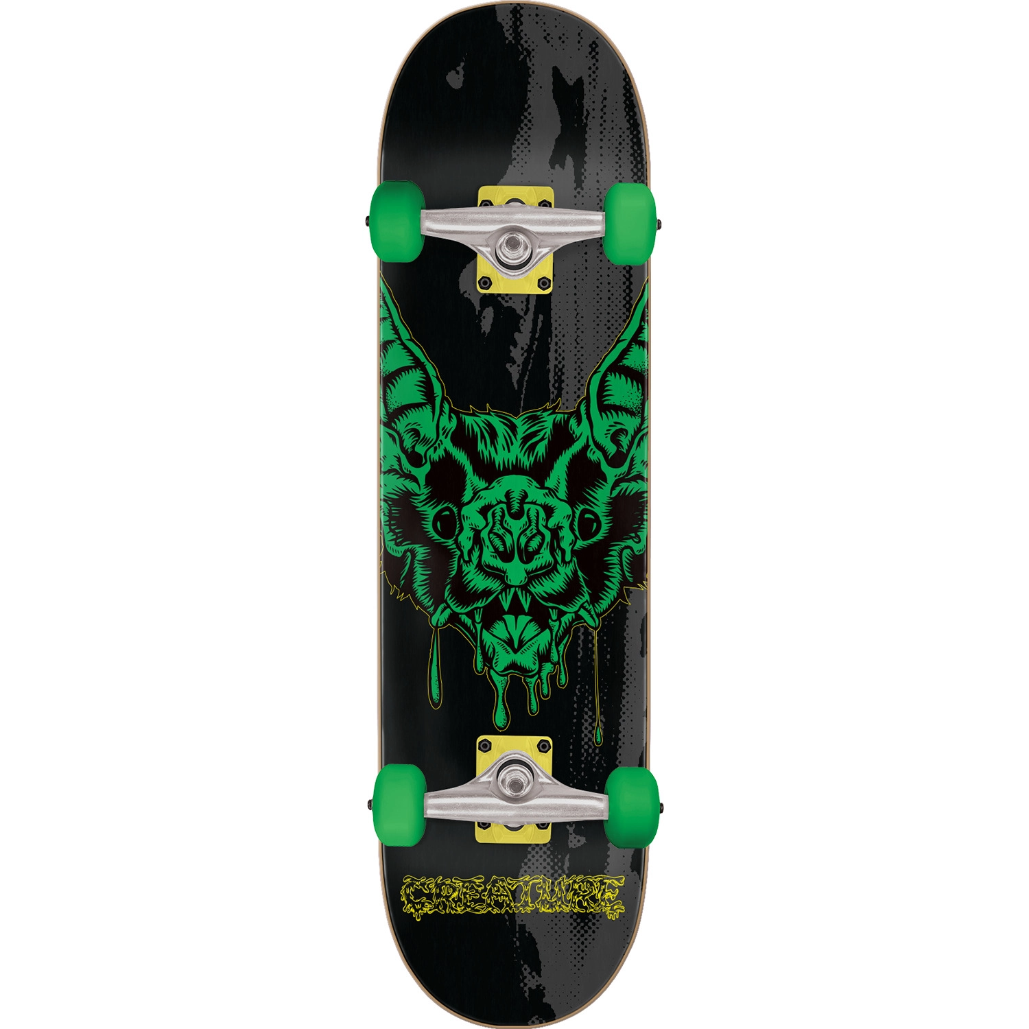 Black skateboard with a green bat and creature logo below