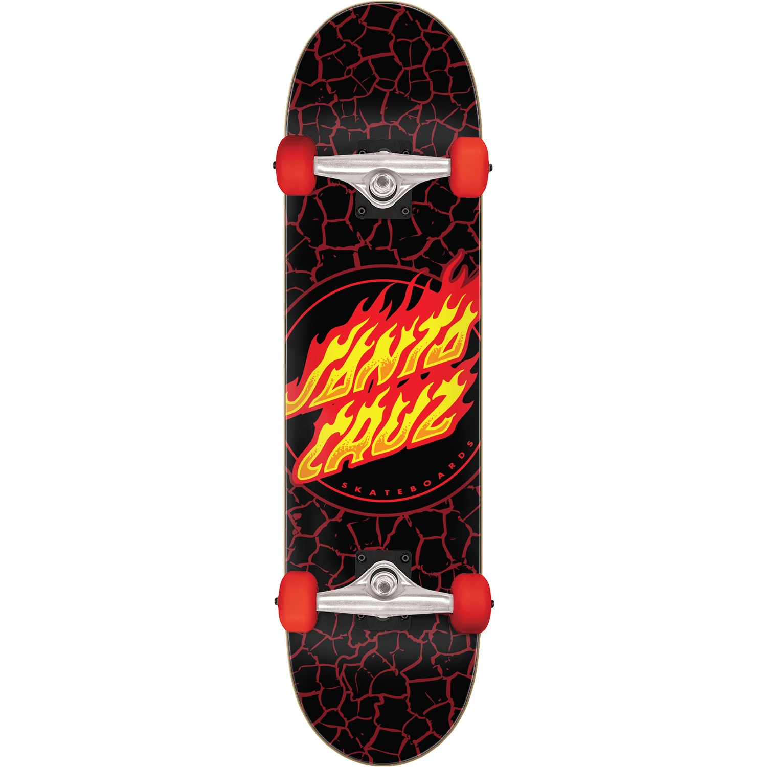 Skateboard with a bright orange burning Santa Cruz logo