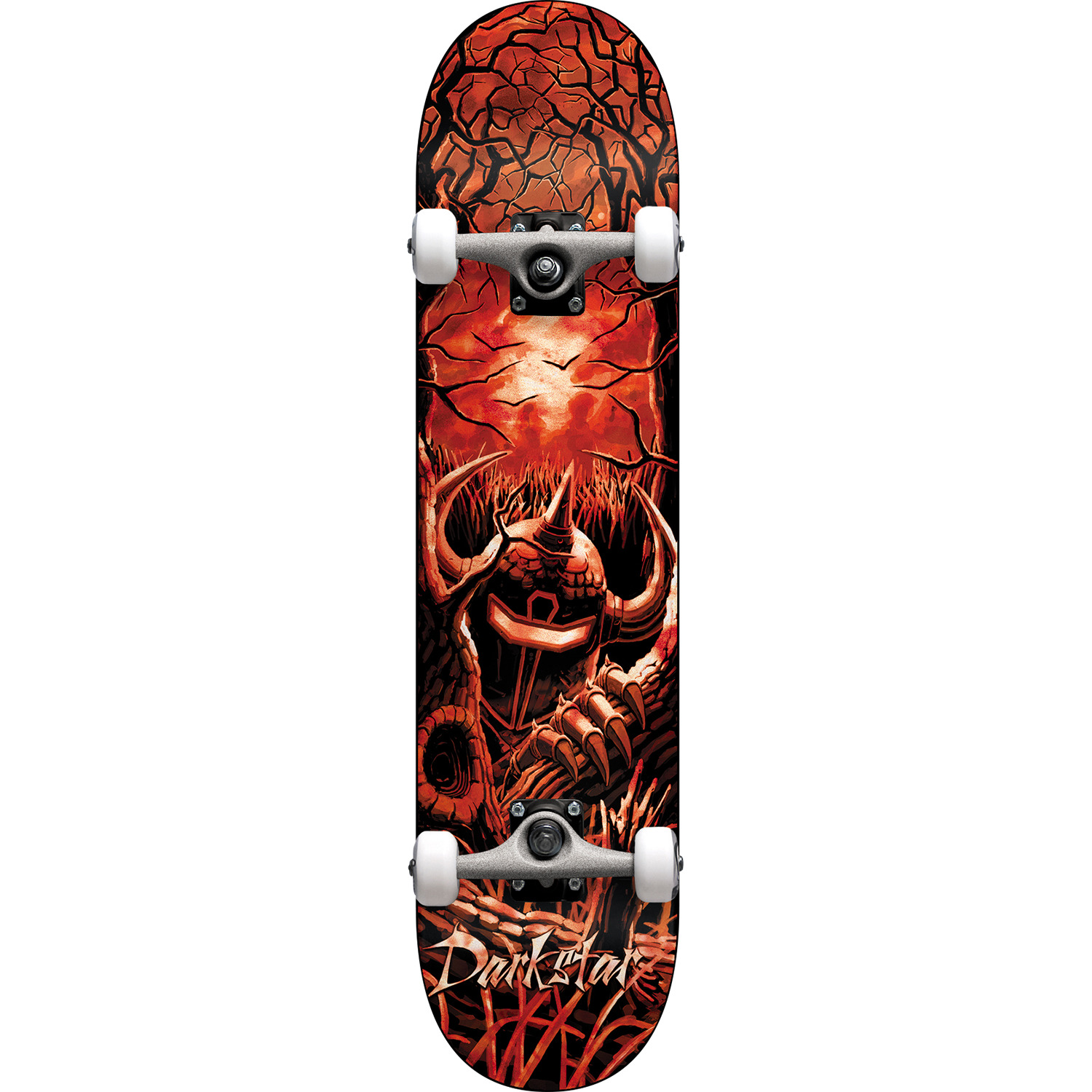 Bright red skateboard with knight in the woods