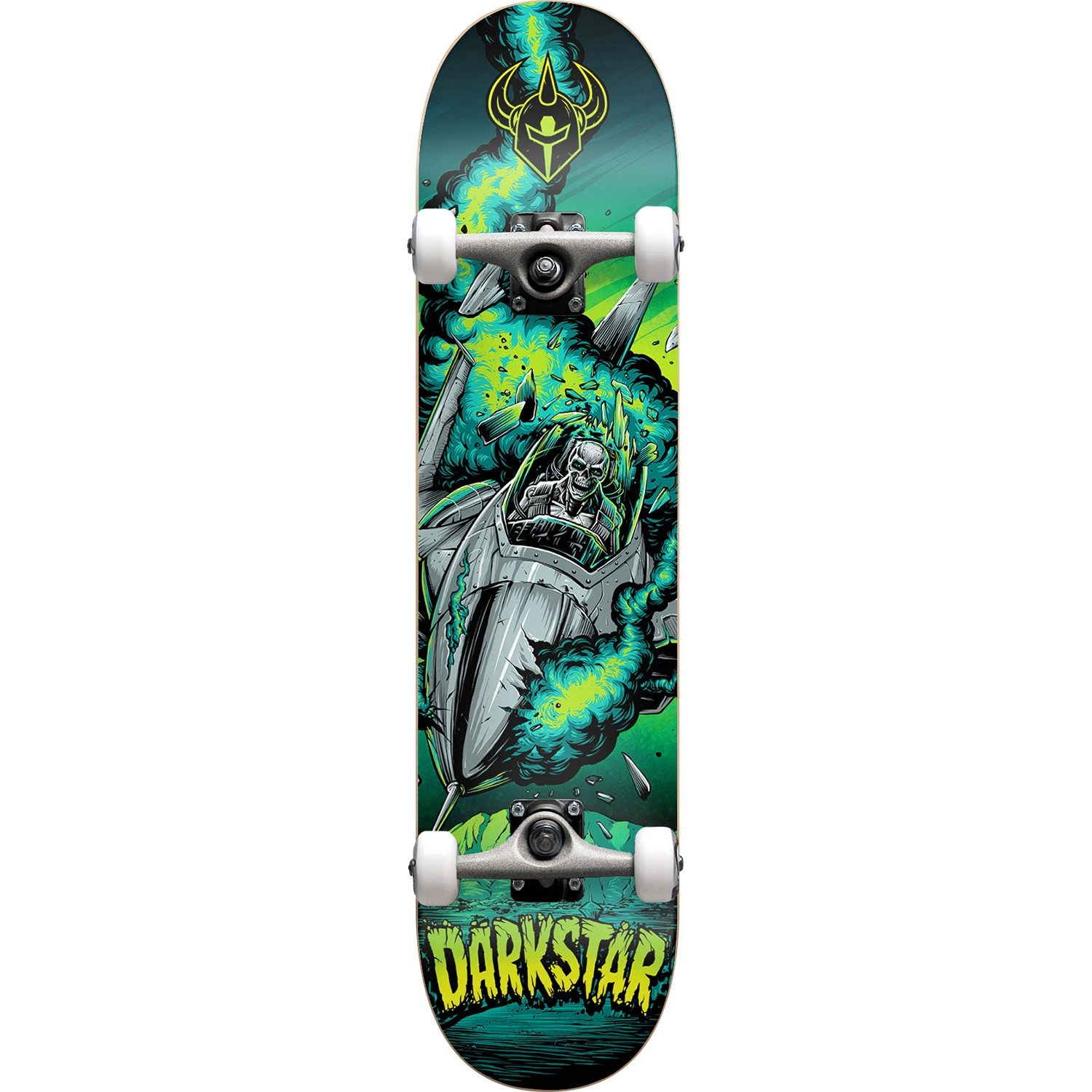 Teal skateboard with a man on a ride crashing