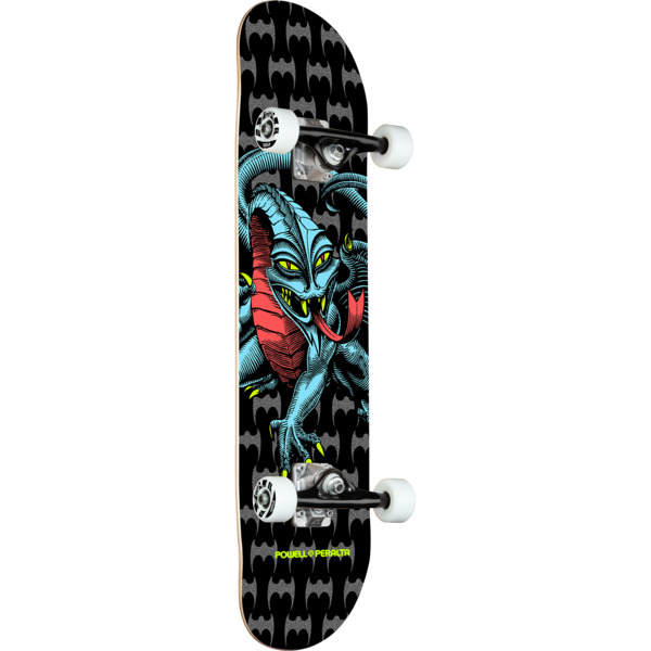 Black and blue skateboard with a serpent