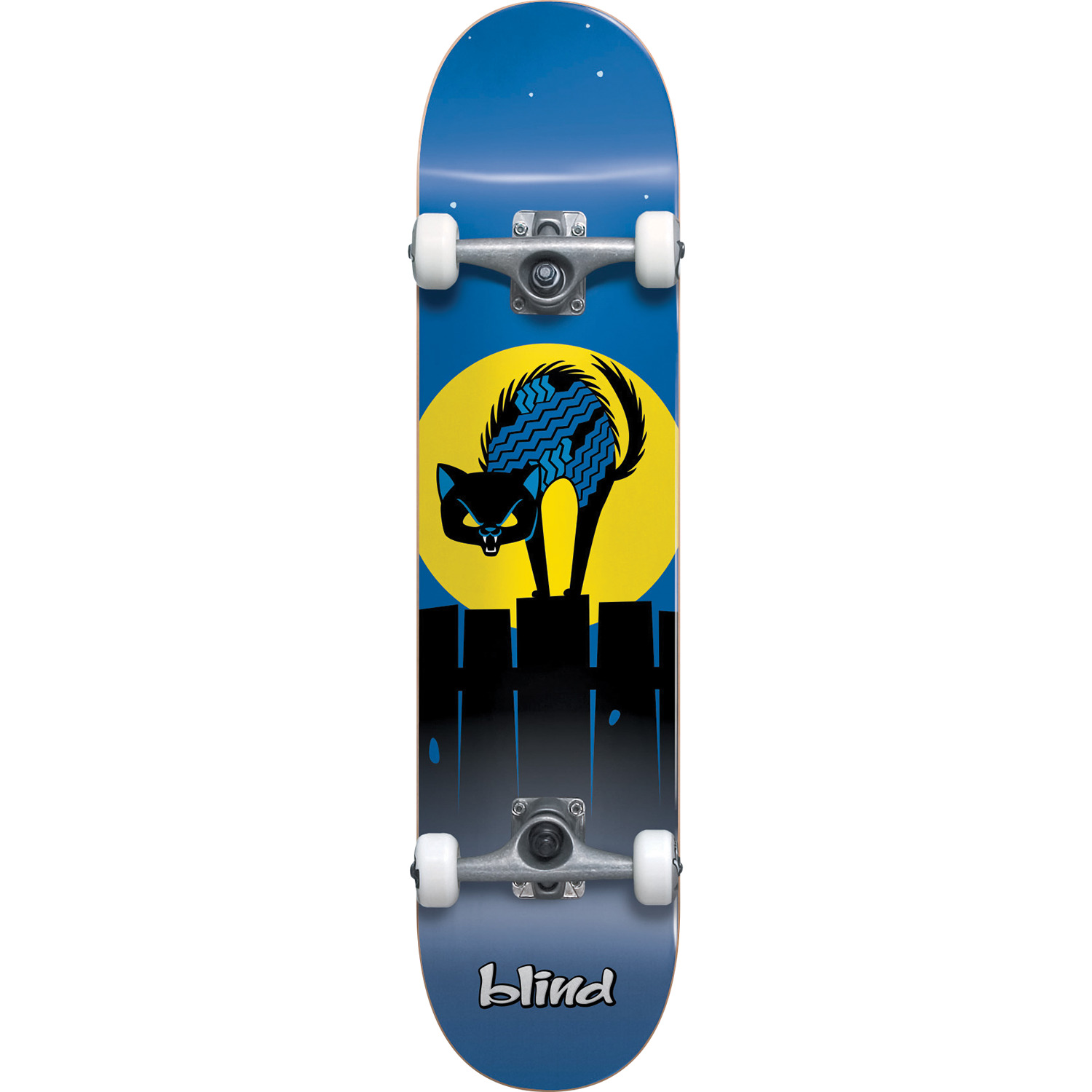 Blue, yellow, and black skateboard with a scared cat