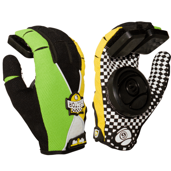 Yellow Sector 9 sliding gloves with checkered finish on the inside glove